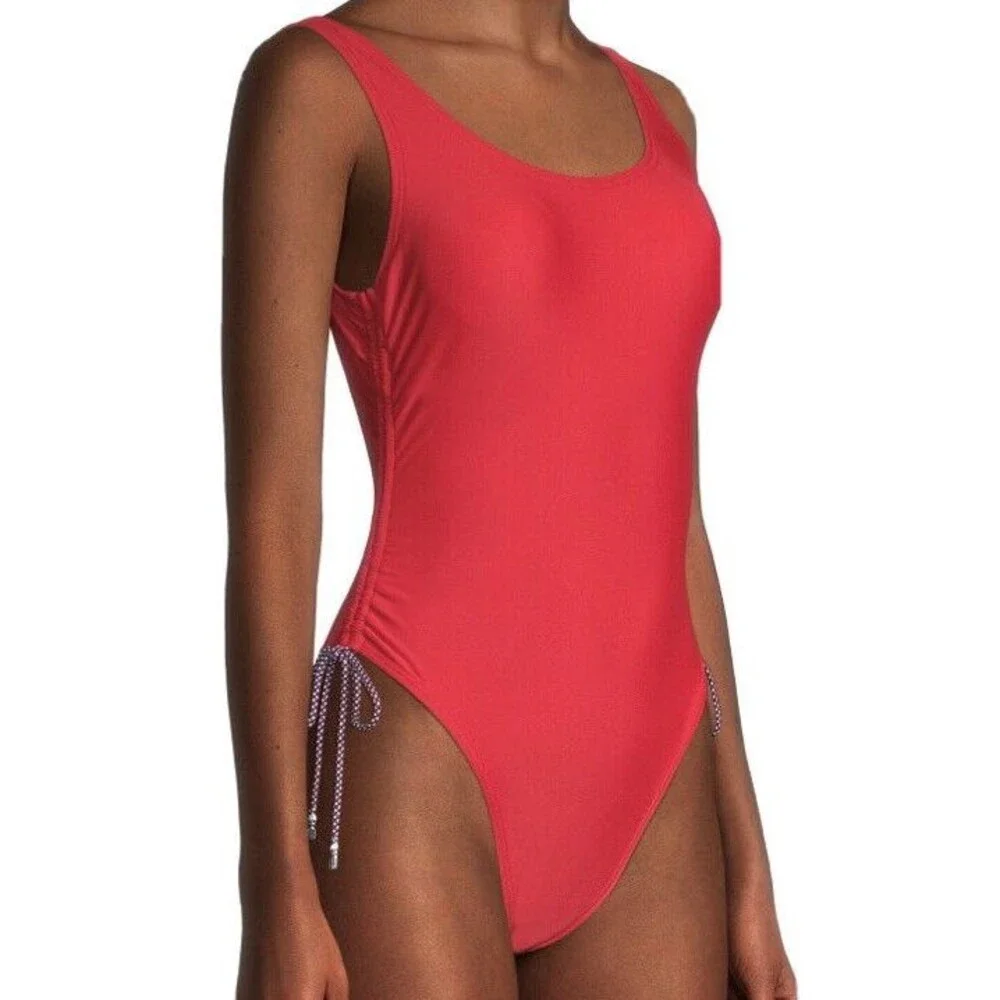 Tommy Hilfiger One Piece High Cut Cheeky Tank 16 NWT Red Ruched UPF Preppy Swim‎